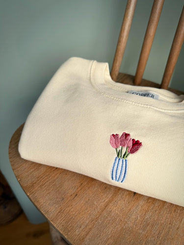 Tulip Vase Embroidered Sweatshirt, Spring, Flowers, Easter, Crewneck, Embroidery, Mum Gift, Pastel Flowers, Eco Jumper, Gardening Gift